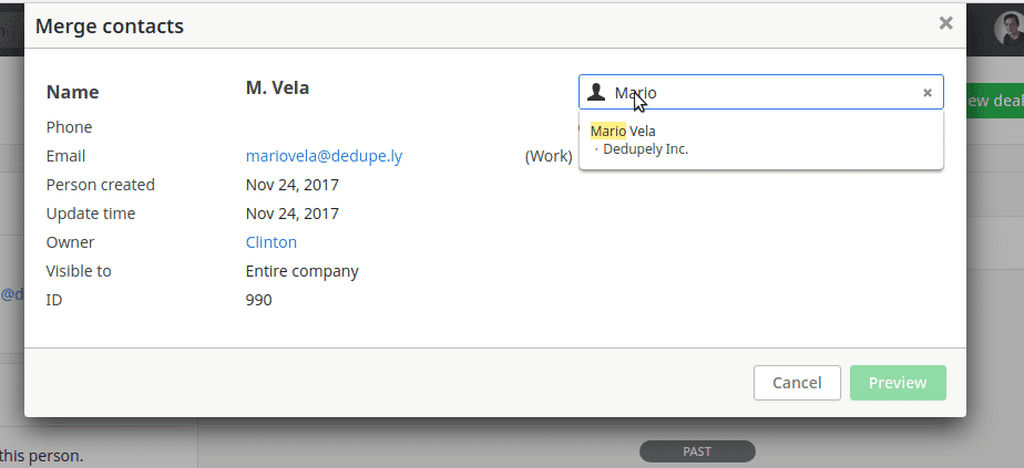 Pipedrive Merge Contacts Screen