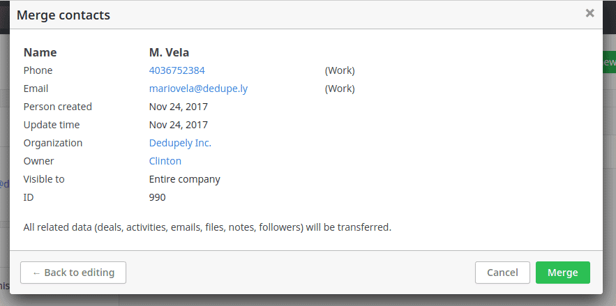 Pipedrive merge duplicate preview screen