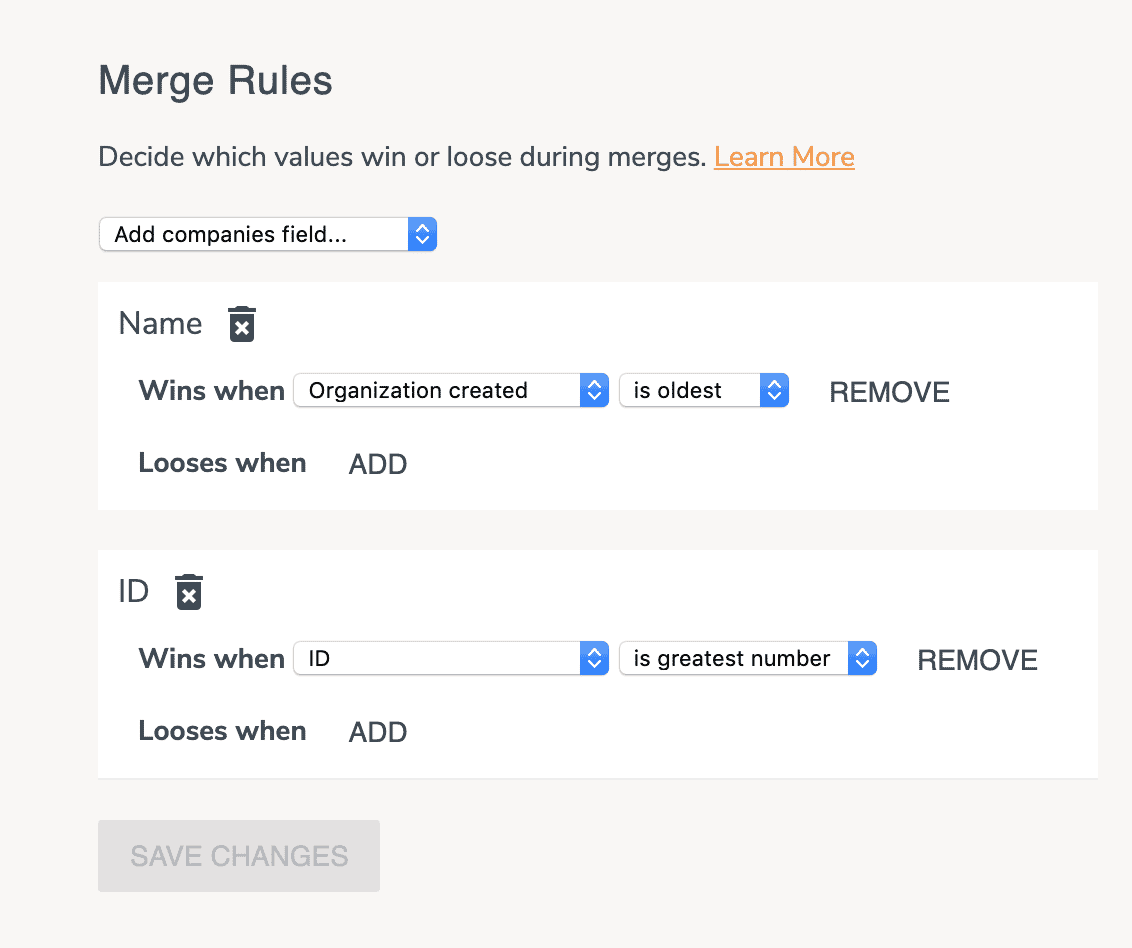 Form for merge rules in Dedupely