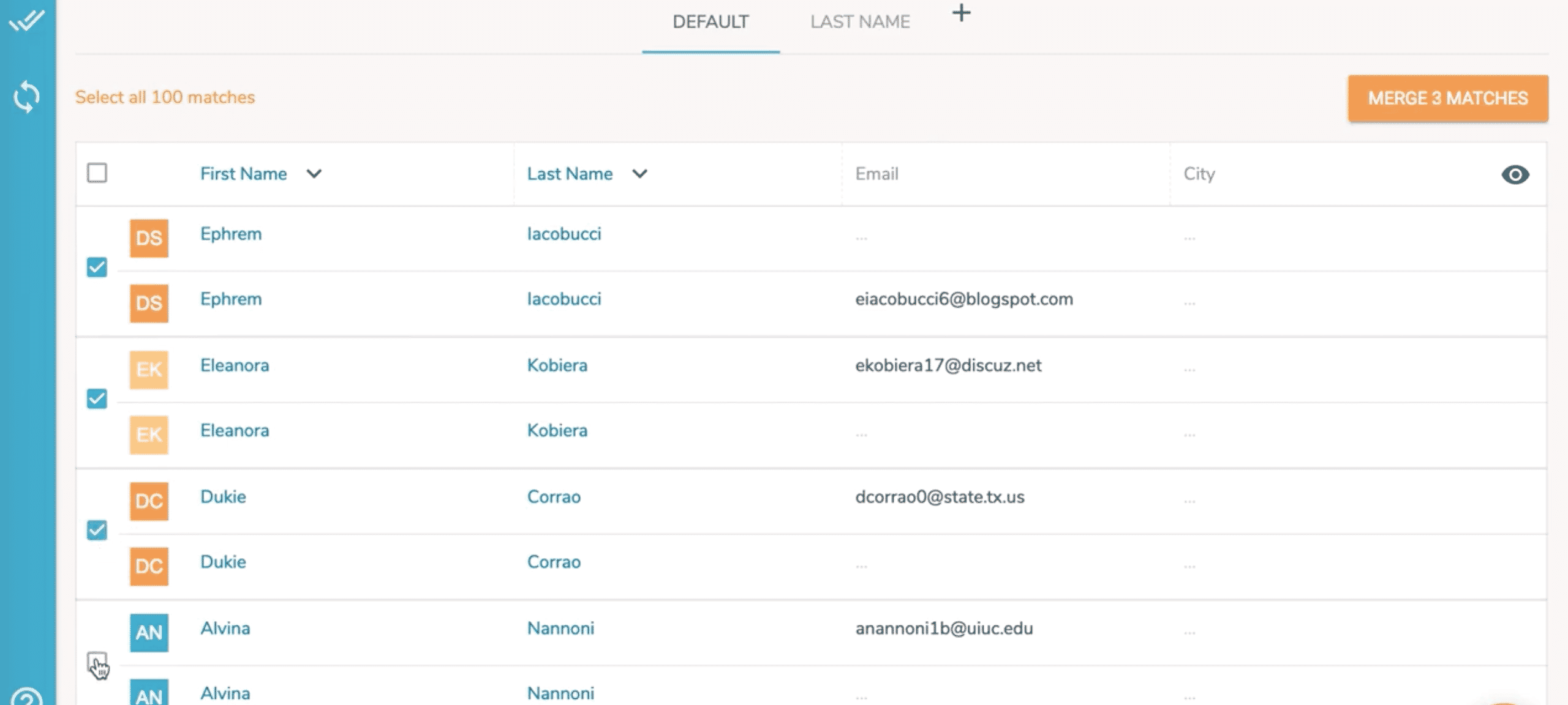 Merging one-by-one selecting the duplicates you want to merge.