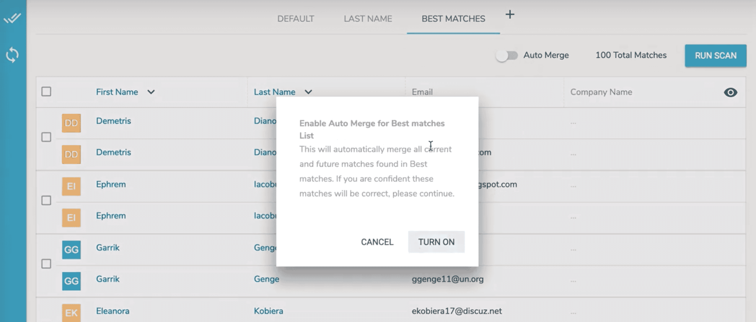 Turning on auto merge in Dedupely