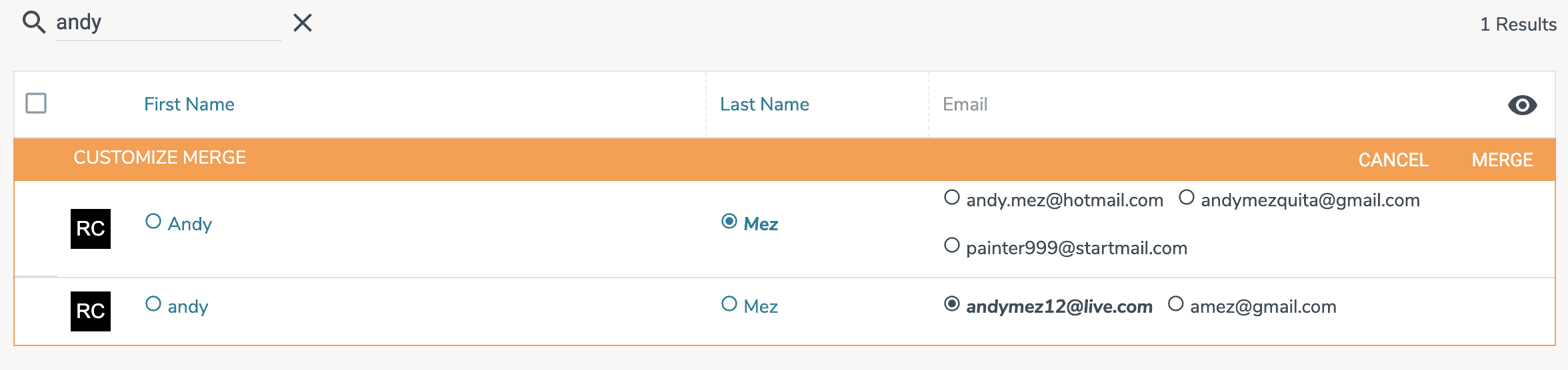 Custom merge pane in Dedupely showing which emails can be selected as primary.