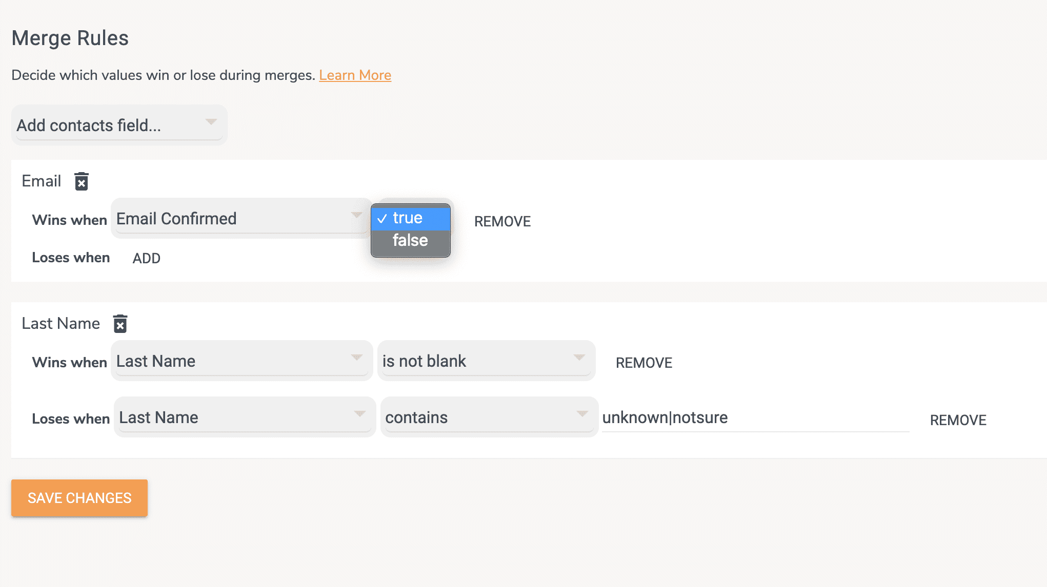 Demo of how to set the primary HubSpot contact email in Dedupely's merge rules