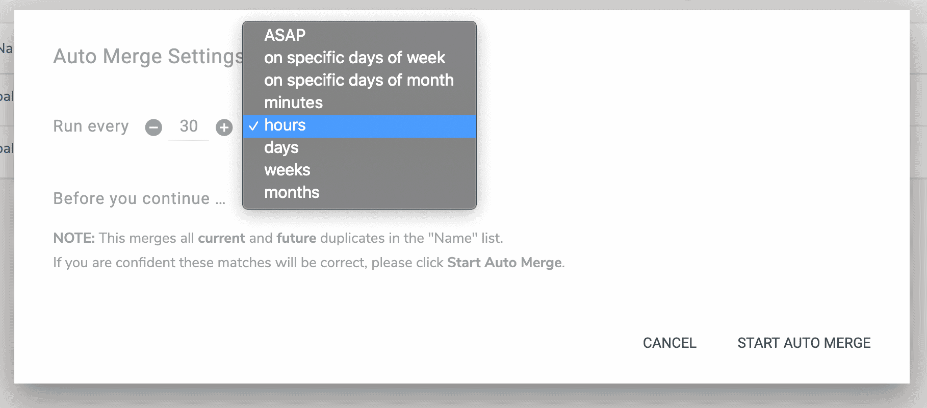 Menu of auto merge schedule dialog
