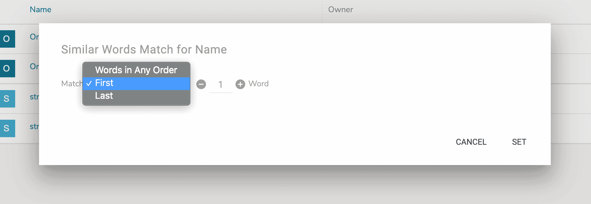 similar word match dialog box
