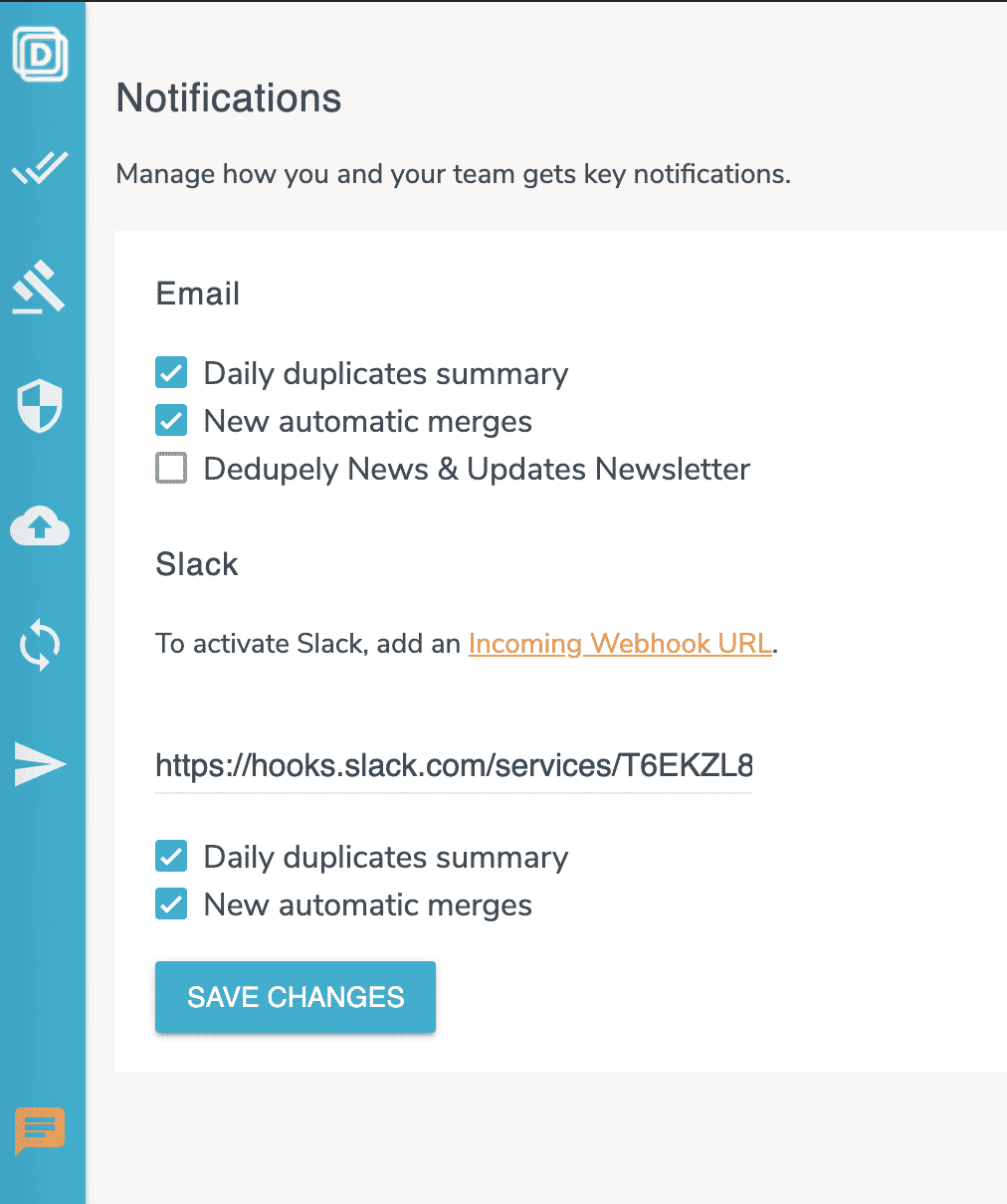 Dedupely Slack alert set up.