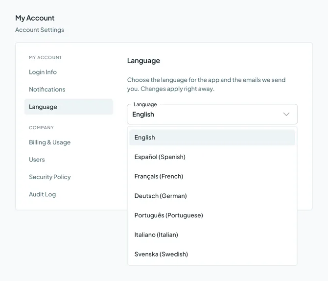 My Account on Language, with the dropdown open on English, Spanish, French, German, Portuguese, Italian and Swedish.