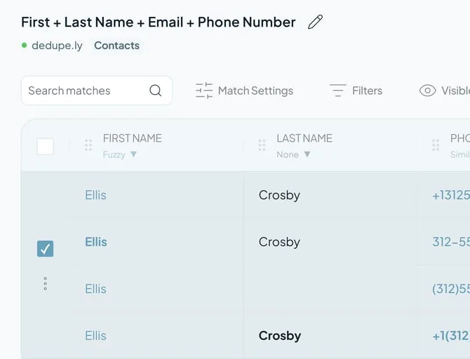 A duplicate set selected in a Duplicate Search, ready to be rejected.