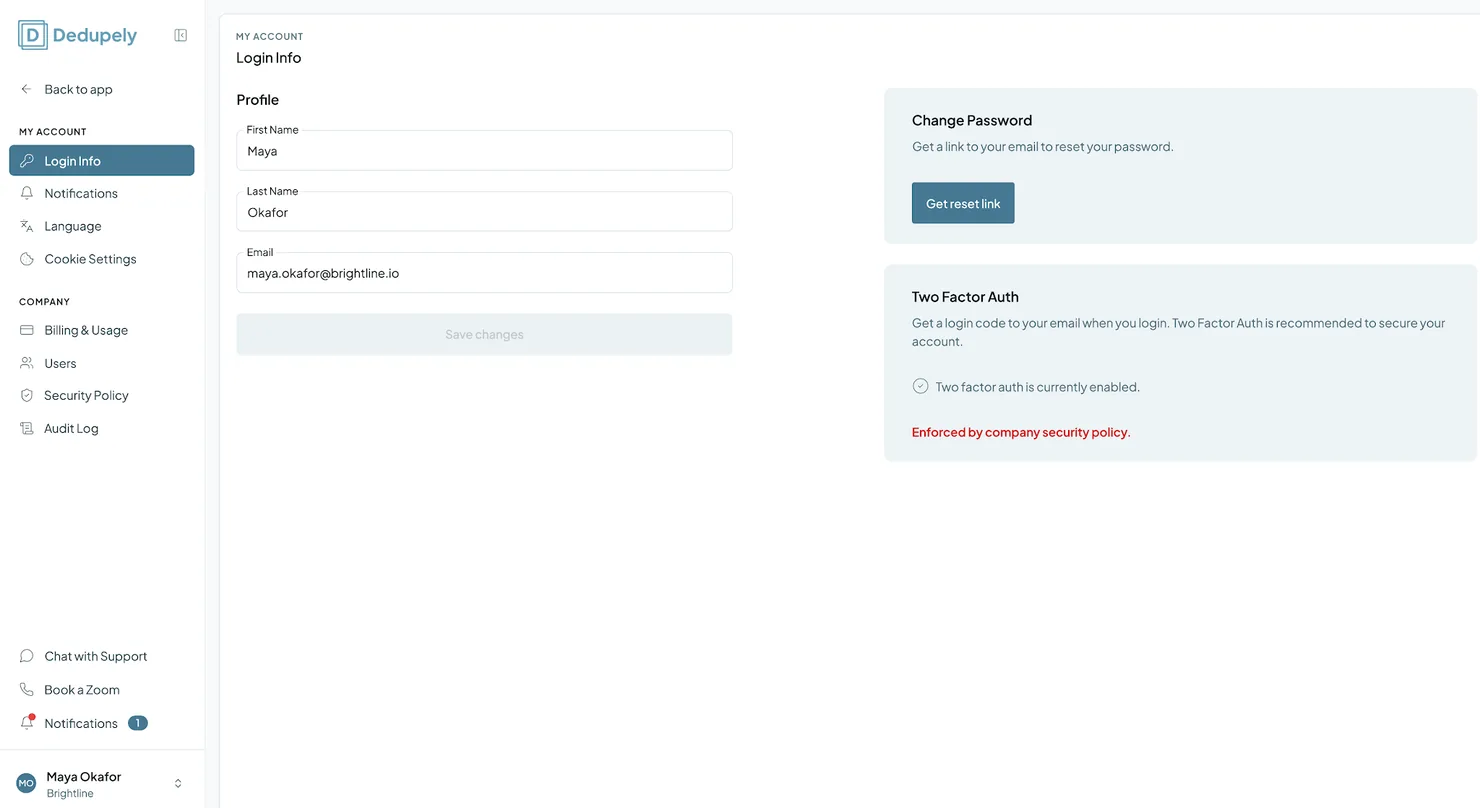 Login Info in My Account: profile details, Change Password and Two-Factor Auth