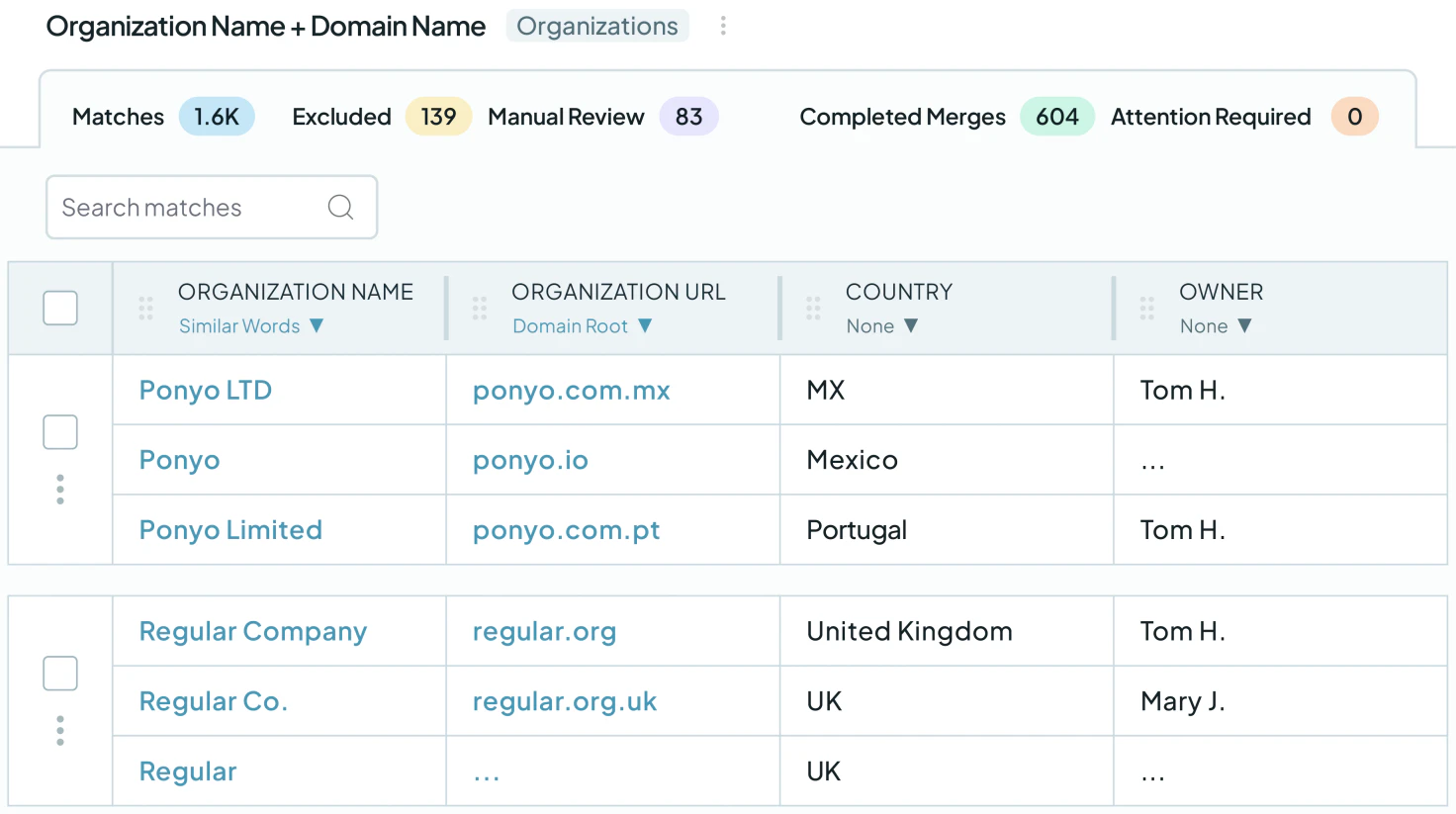 Dedupely Duplicate Search matching organizations on name