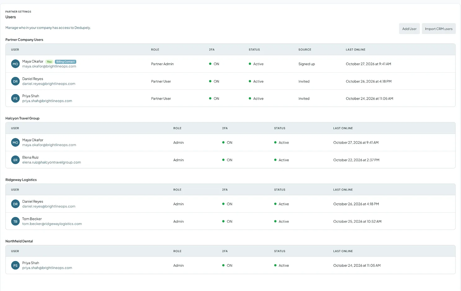 Users under Partner settings: your partner team, then the users of each client account
