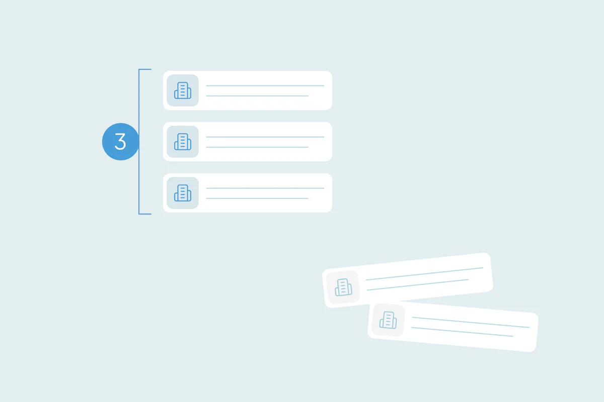 Three account cards being combined with related company records