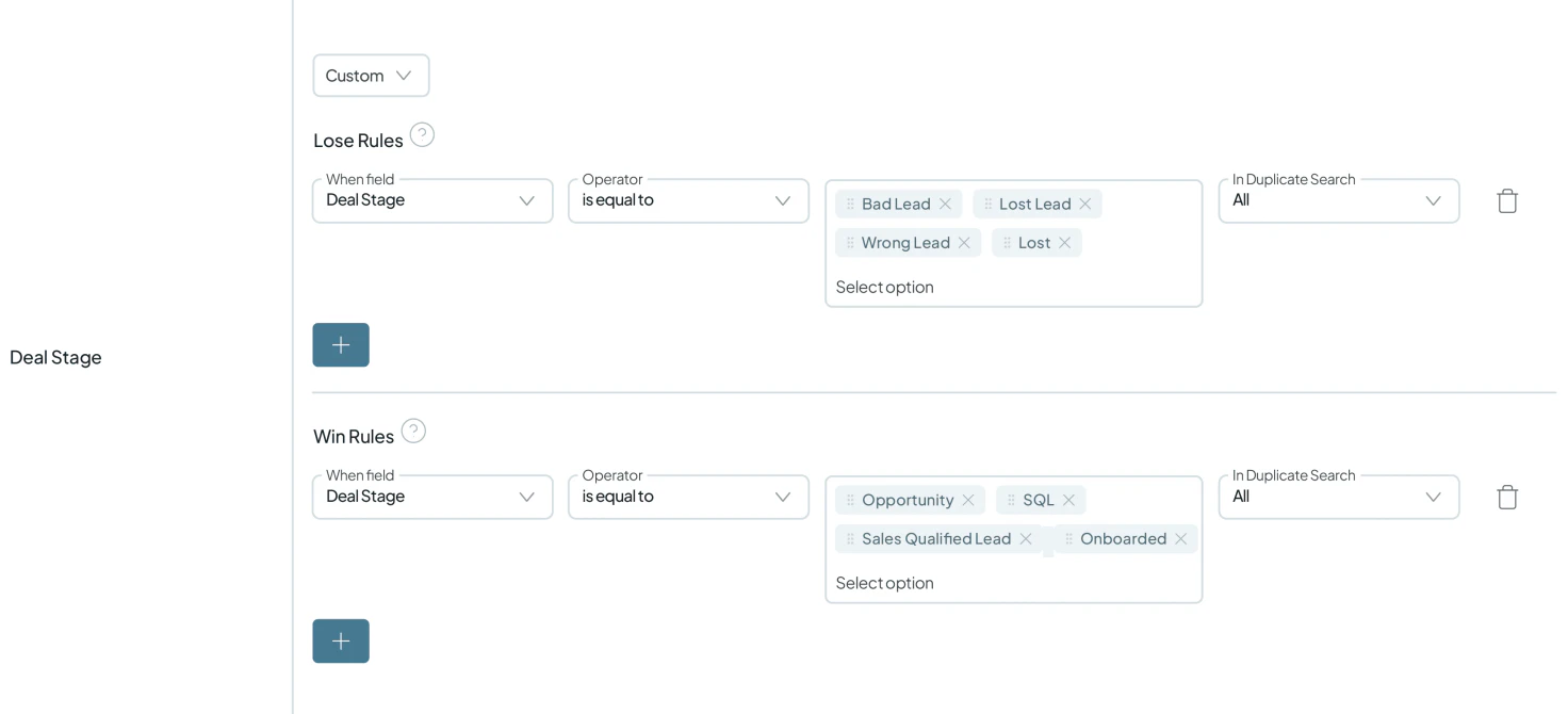 Dedupely Merge Rules screen with Win and Lose Rules on deal stage