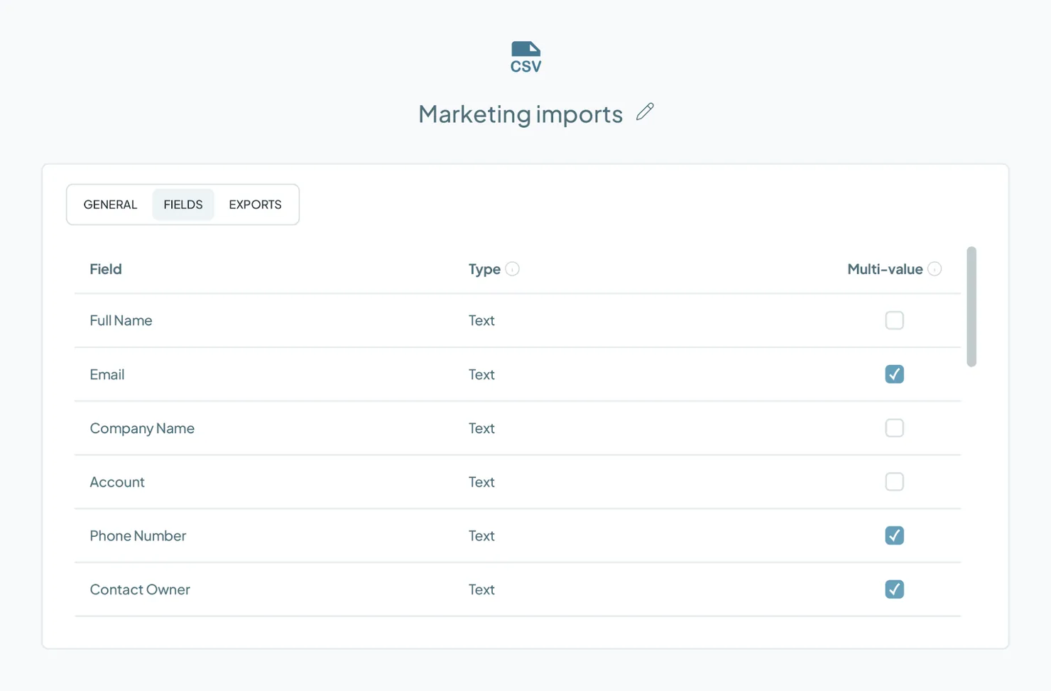Der Tab "Felder" einer CSV-Instanz mit dem Namen Marketing imports: jede Spalte mit ihrem Typ und einem Kontrollkästchen "Mehrfachwert".