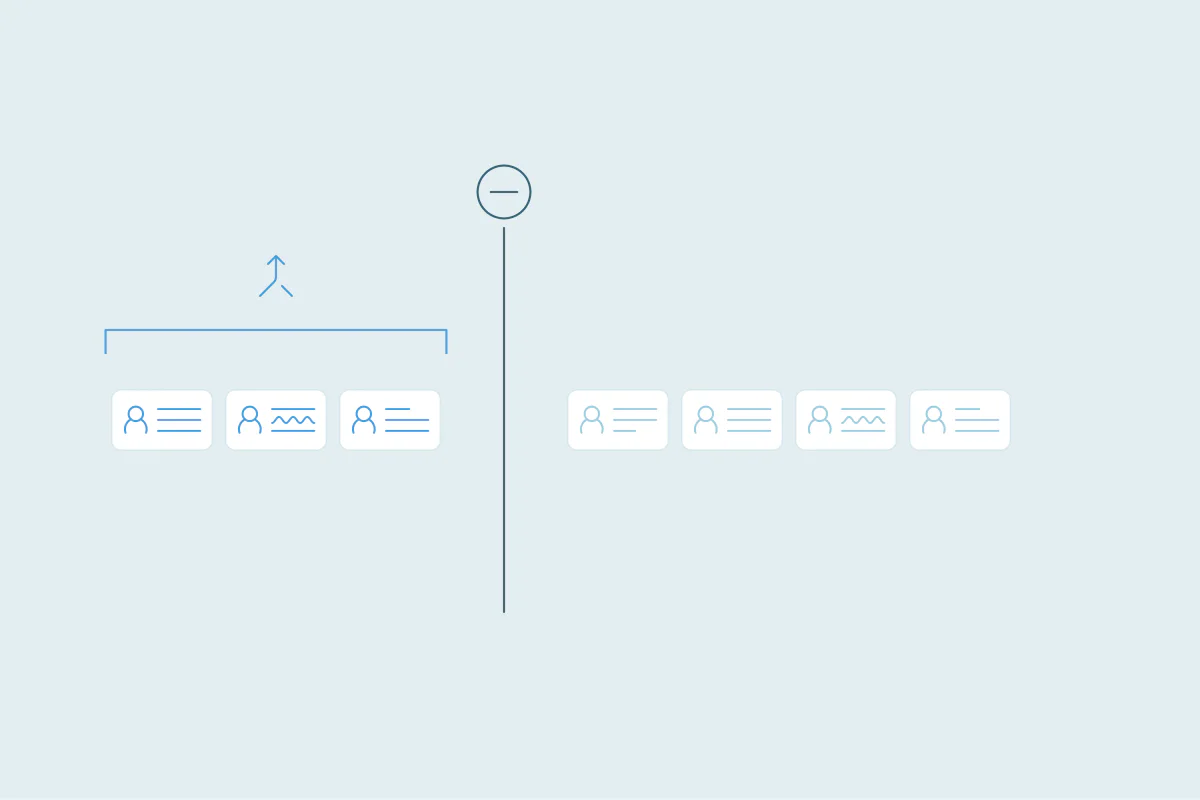 Three records merging into one, with four more records stopped behind a barrier