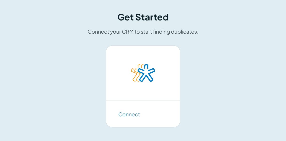 The Connect a CRM screen in Dedupely, showing a Nimble CRM tile with a Connect button.