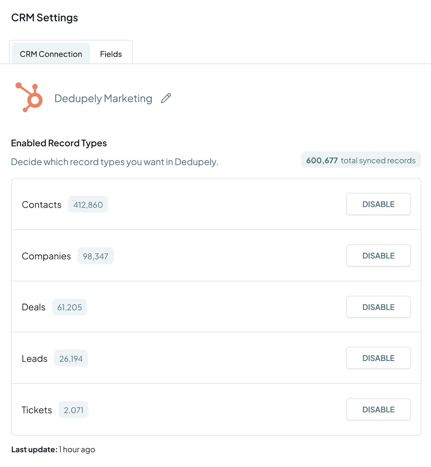 CRM Settings, with the record types synced from HubSpot and a Disable button for each