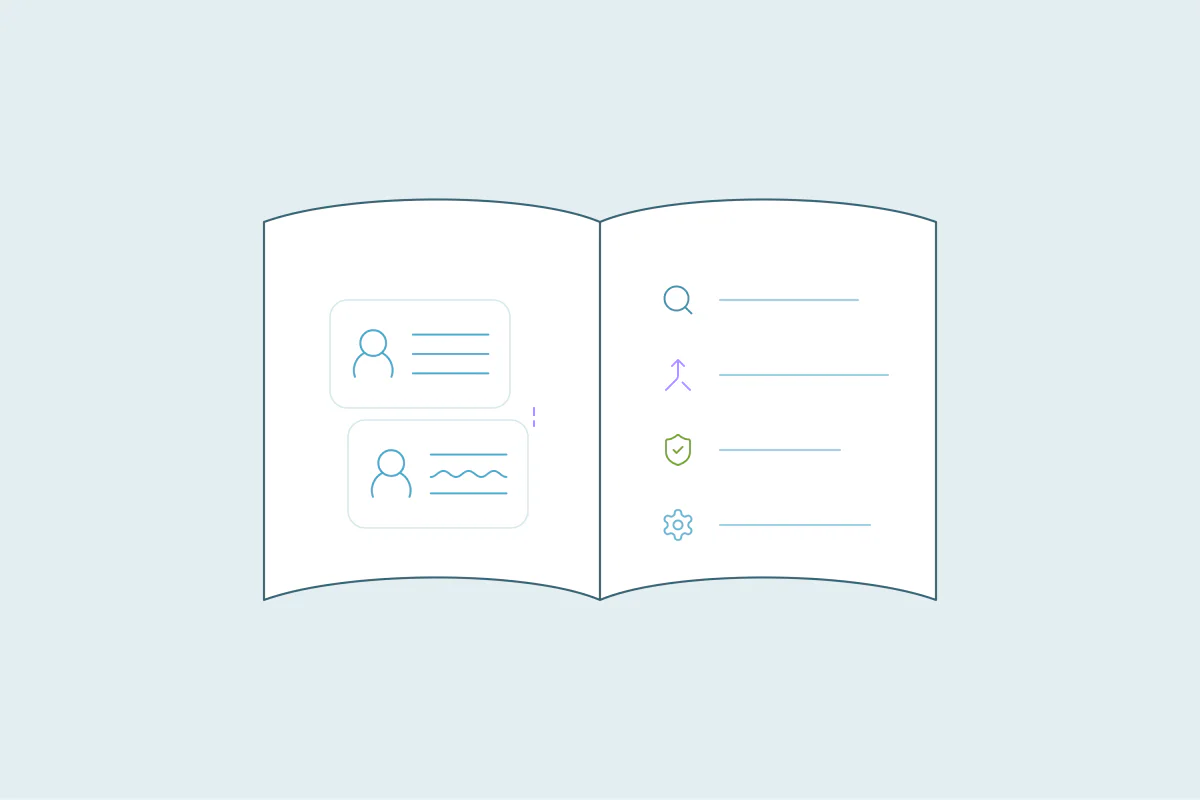 An open guide with two contact records on one page and search, merge, protect and settings steps on the other