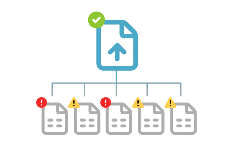 Cinco archivos marcados con errores y advertencias se unen en un solo archivo aprobado listo para subir.