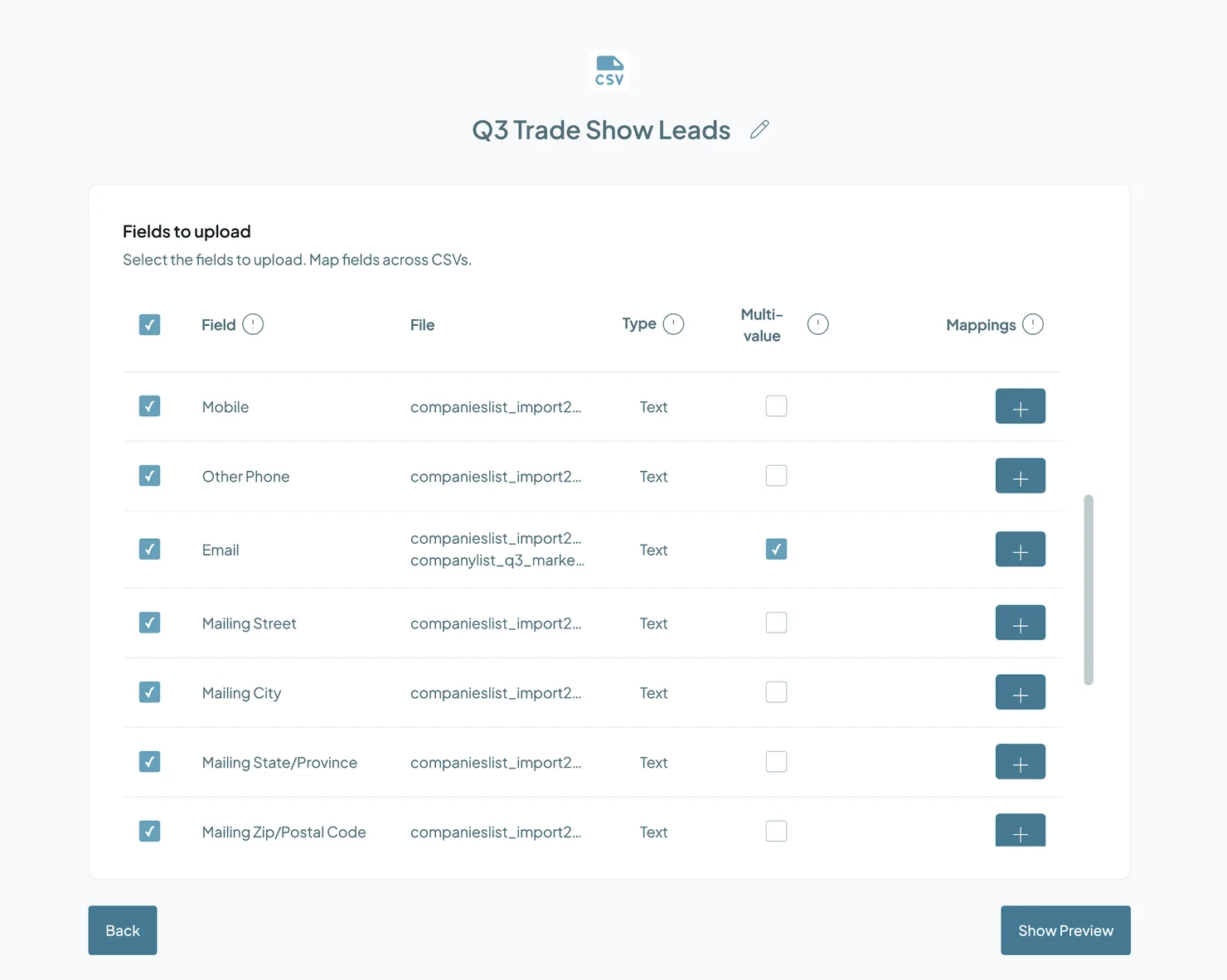 The fields of a CSV upload, with the Email column marked Multi-value