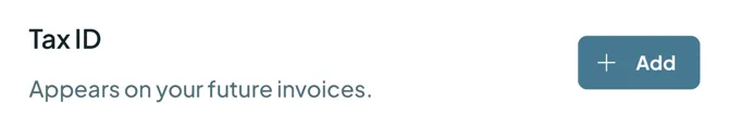 The Tax ID setting and its Add button, noting it appears on future invoices.