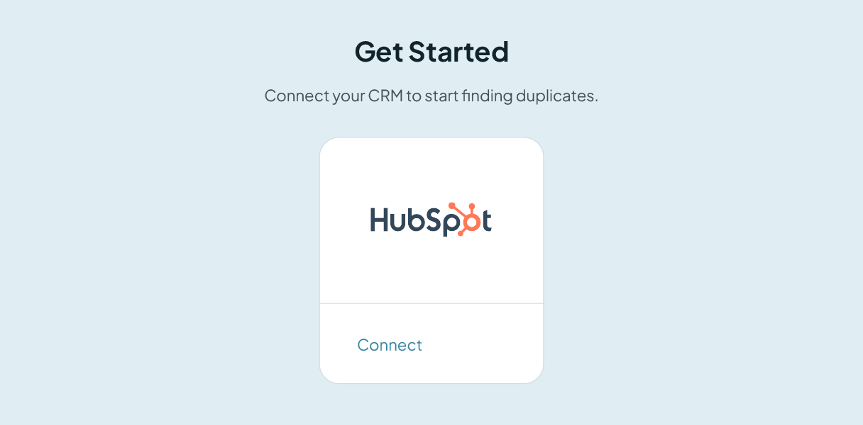 The Connect a CRM screen in Dedupely, showing a HubSpot tile with a Connect button.