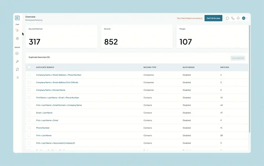 Aufnahme: das CRM-Menü in der linken Navigation vom Overview-Bildschirm aus öffnen, dann ein neues CRM oder eine CSV hinzufügen.