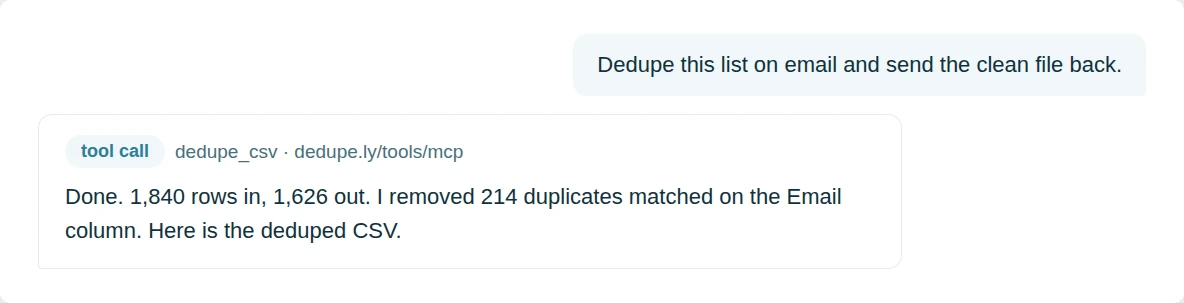 A chat where an assistant calls the dedupe tool over MCP and reports the rows in, rows out and duplicates removed.