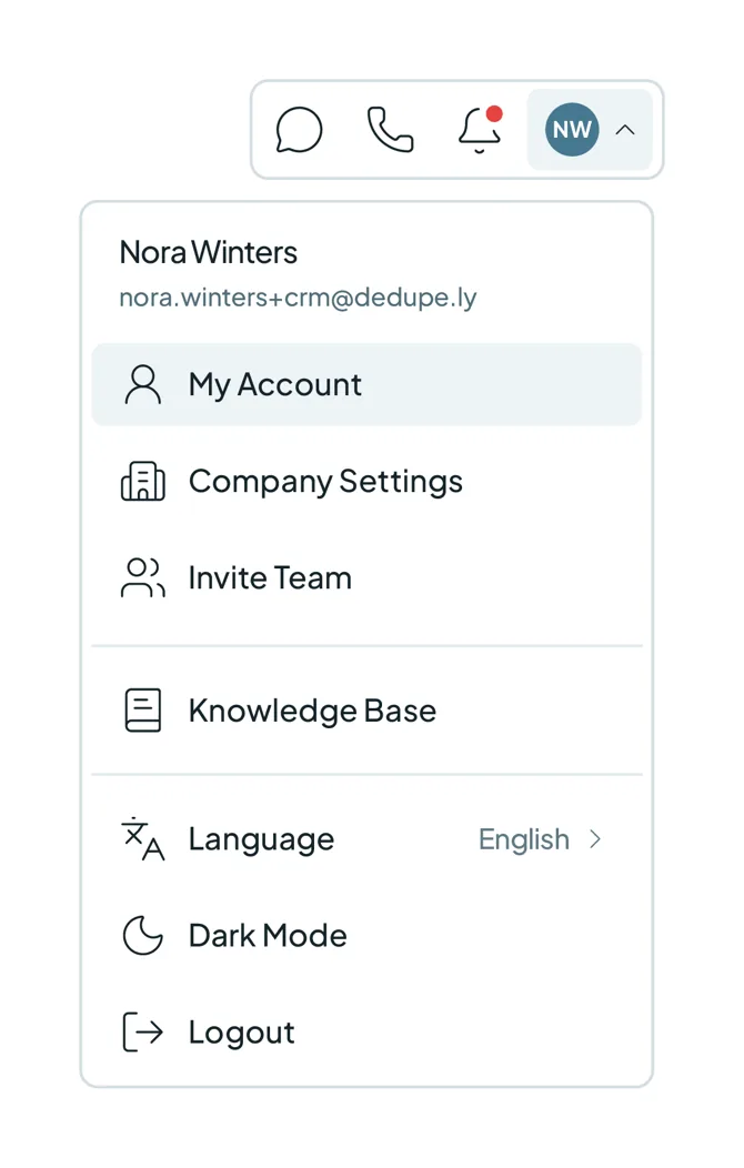 The Dedupely profile menu open, with My Account highlighted.