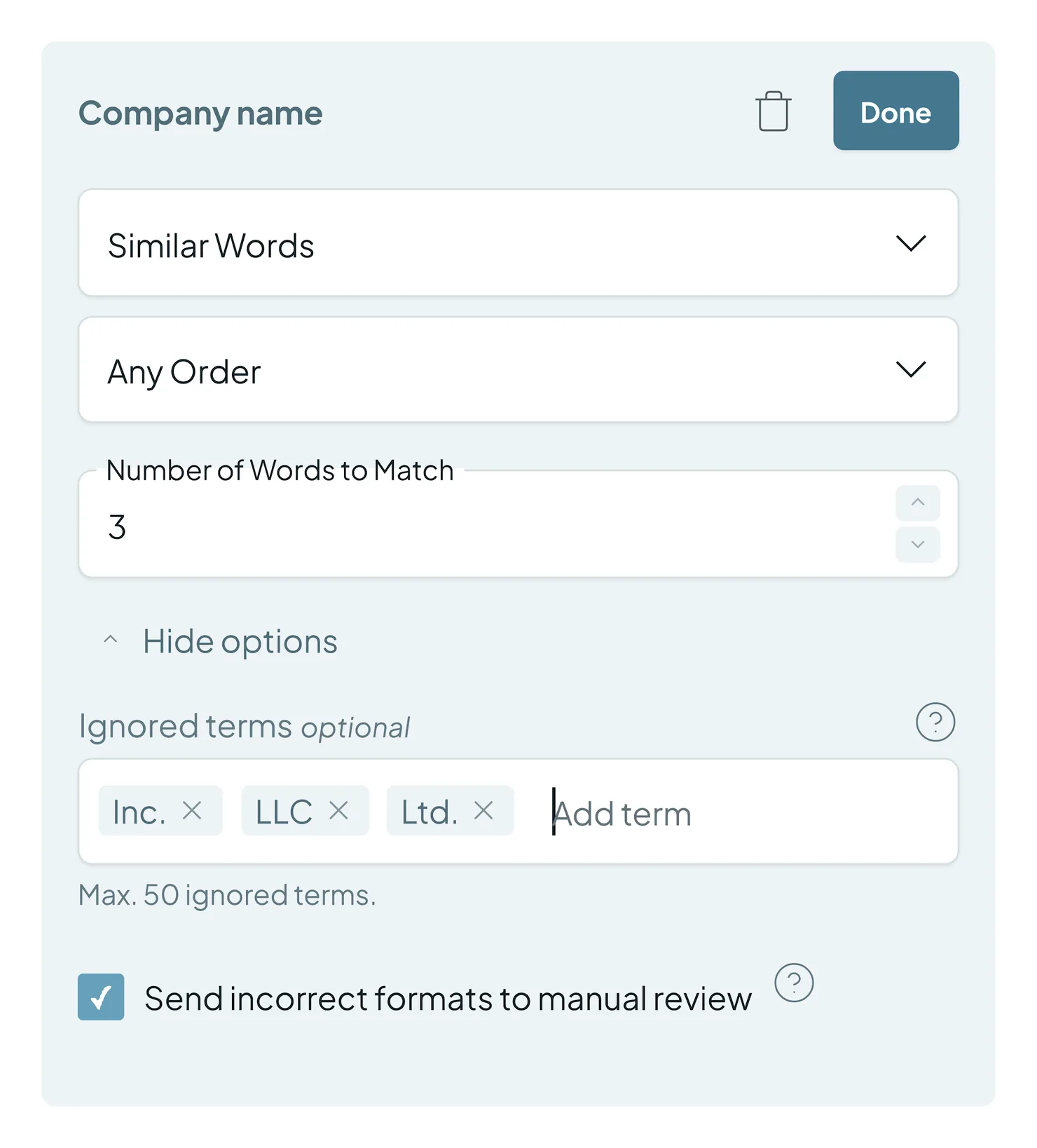 Company name set to Similar Words in any order, three words to match, with Inc., LLC and Ltd. as Ignored terms