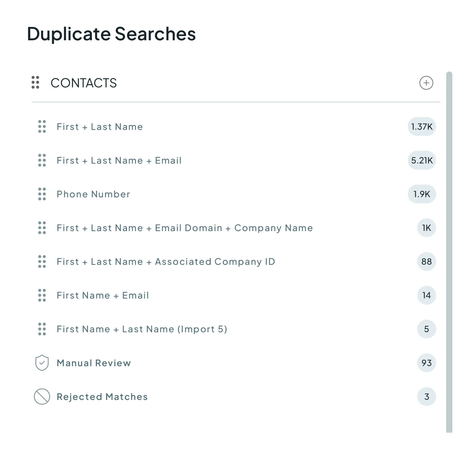 The Duplicate Searches list for Contacts, each search with its match count, and Manual Review and Rejected Matches underneath.