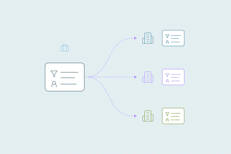 One filtered search branching out to three client companies, each with its own records