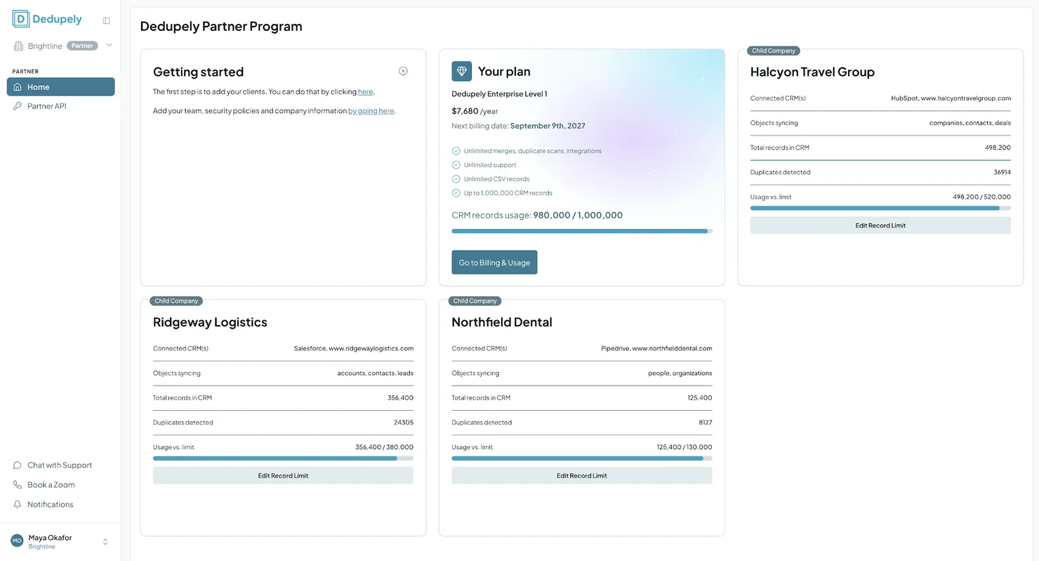 The Dedupely Partner Program home page: Getting started, Your plan and a card for each client