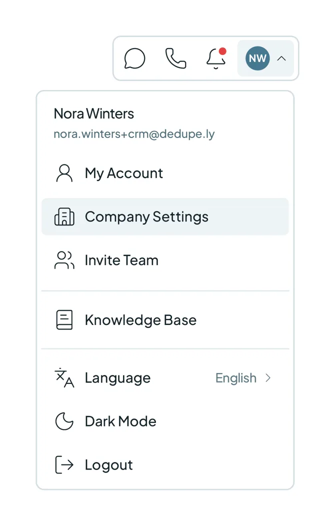 The Dedupely profile menu open, with Company Settings highlighted.