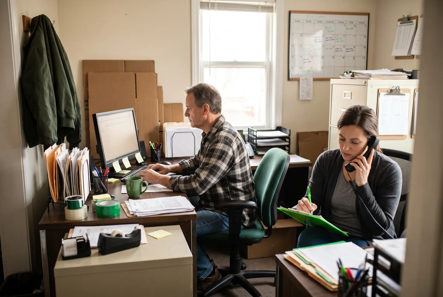 Two people working the phones and a computer in a small office