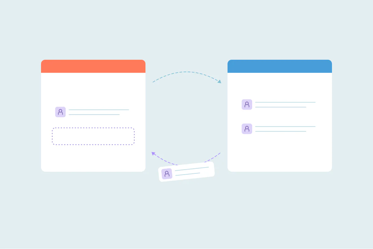 Two CRM windows syncing records back and forth, one record missing