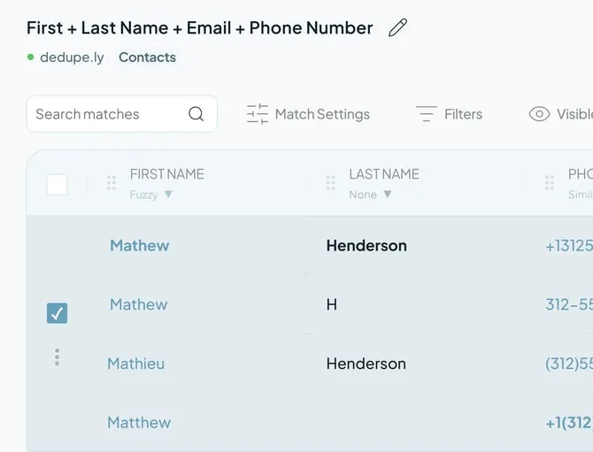 A duplicate set selected in a Duplicate Search that matches on first name, last name and phone number.