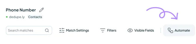 The Phone Number Duplicate Search toolbar, with an arrow pointing at the Automate button.