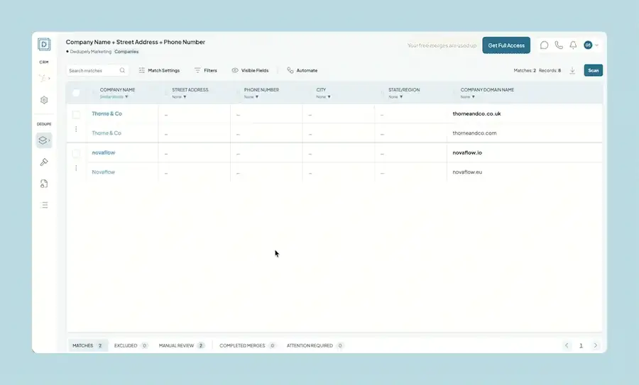 Recording: sending a duplicate set to Manual Review from a company Duplicate Search.