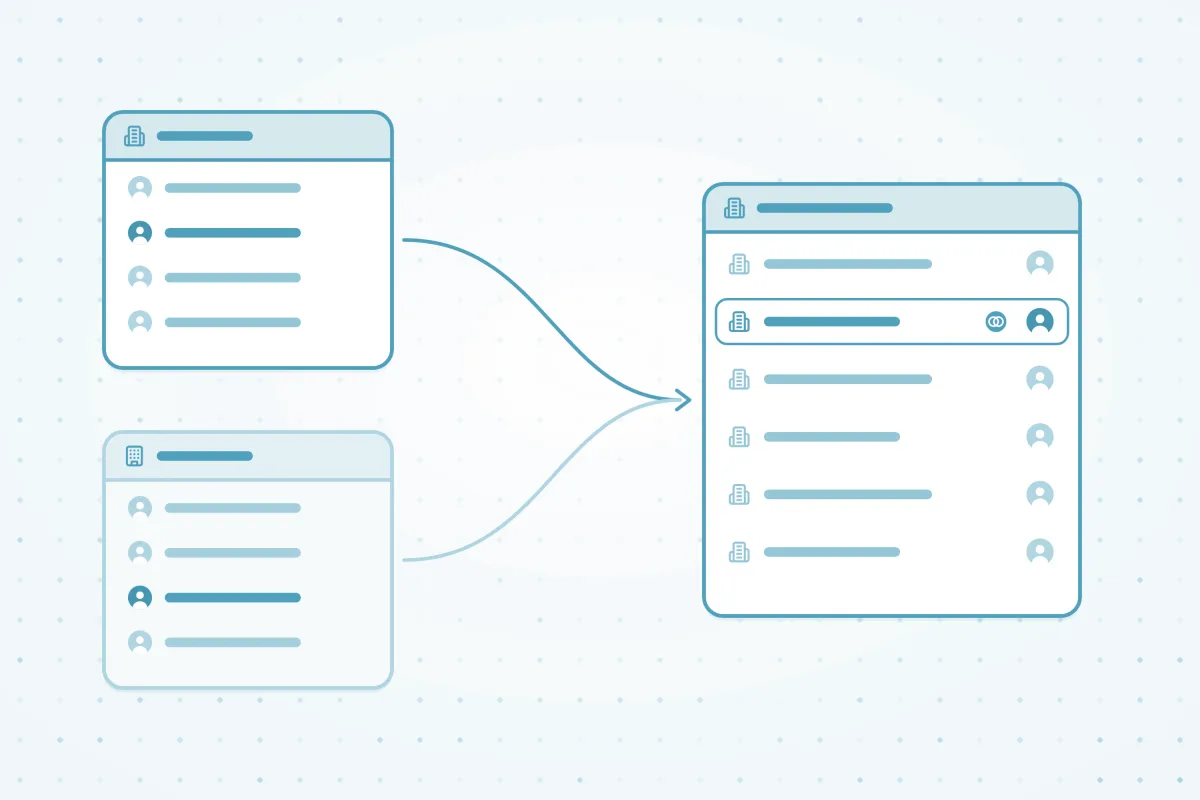 Illustration of two companies' customers combining into one account per customer