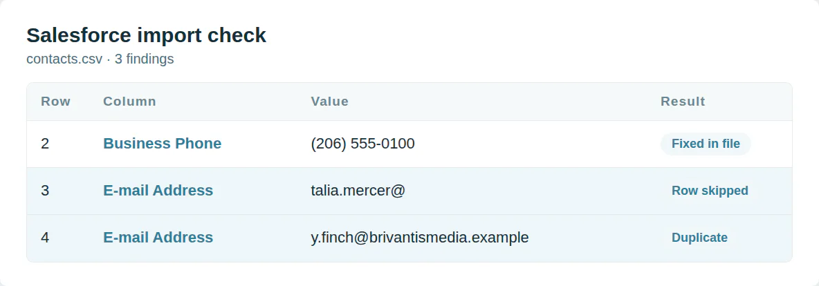 The Salesforce import check on a contact file: row 2 Business Phone fixed in file, row 3 E-mail Address row skipped, row 4 E-mail Address duplicate.