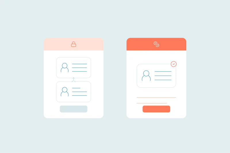 A locked card holding two contact records beside an open card holding one merged record