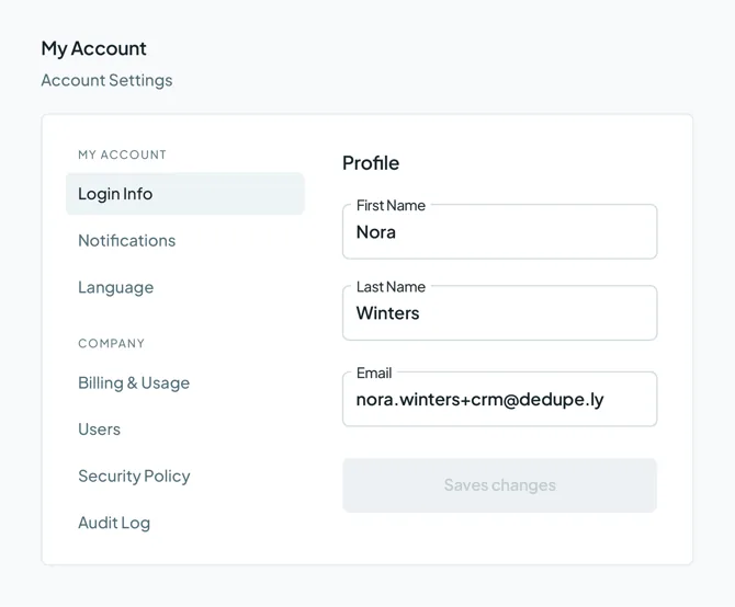 My Account on Login Info, showing the first name, last name and email fields.