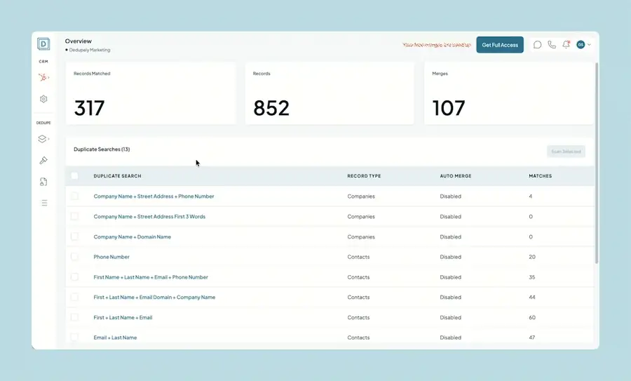 Recording: opening Manual Review from the Duplicate Searches list on the Overview page.