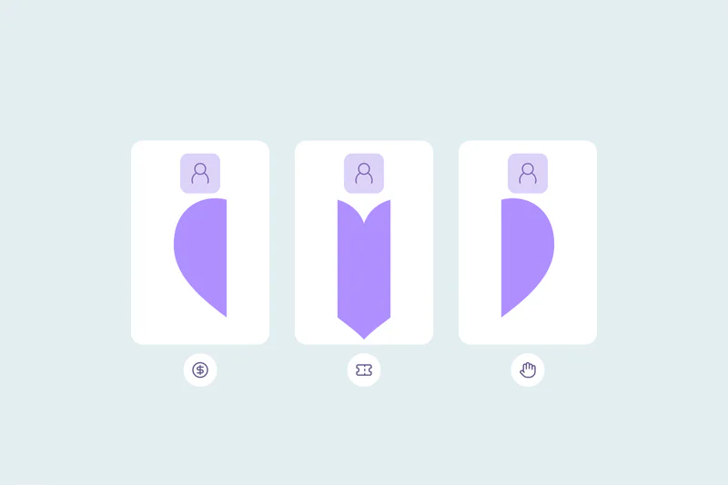 A supporter profile split across three cards with a heart