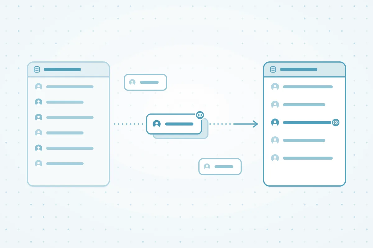 Illustration of records moving into a new CRM and merging into single records