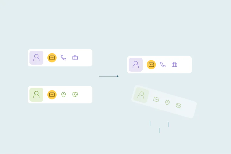Two contact cards that share an email, with one held back from merging