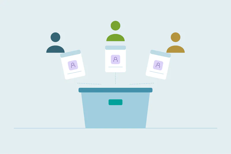 Three people and their contact cards above a merge funnel