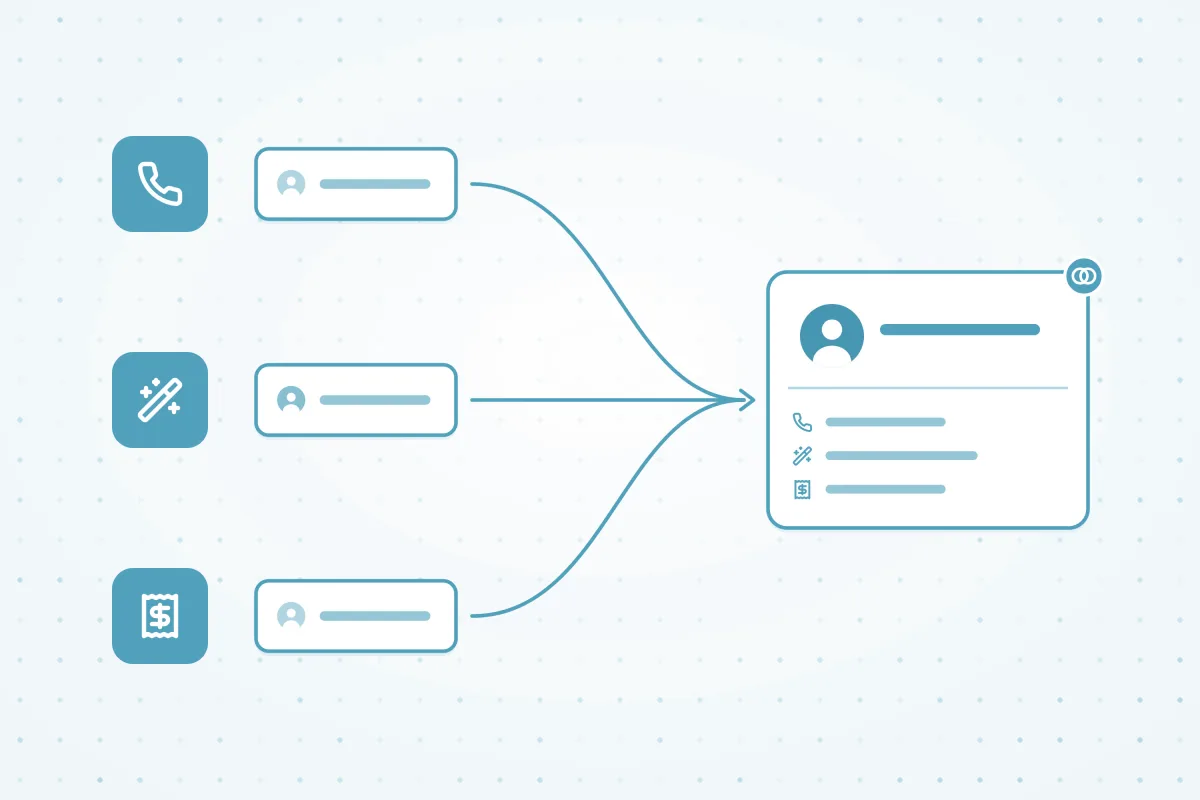 Illustration of records from connected tools merging into one complete contact
