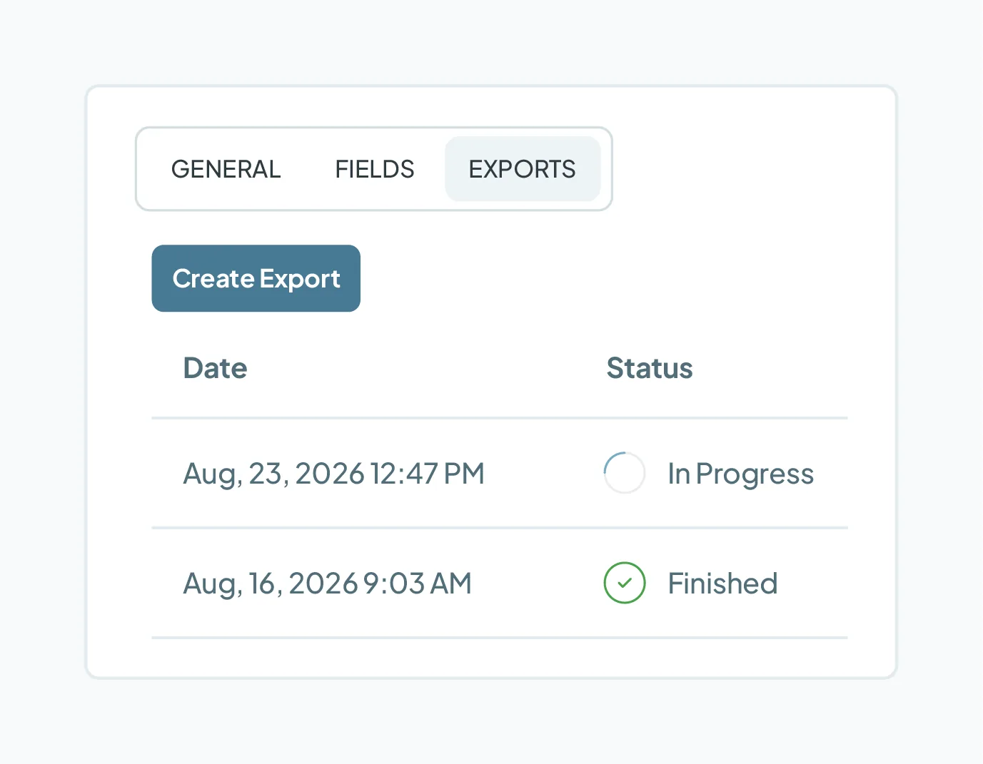 Der Tab Exporte: bisherige Exporte nach Datum und Status, darunter die Schaltfläche Export erstellen.